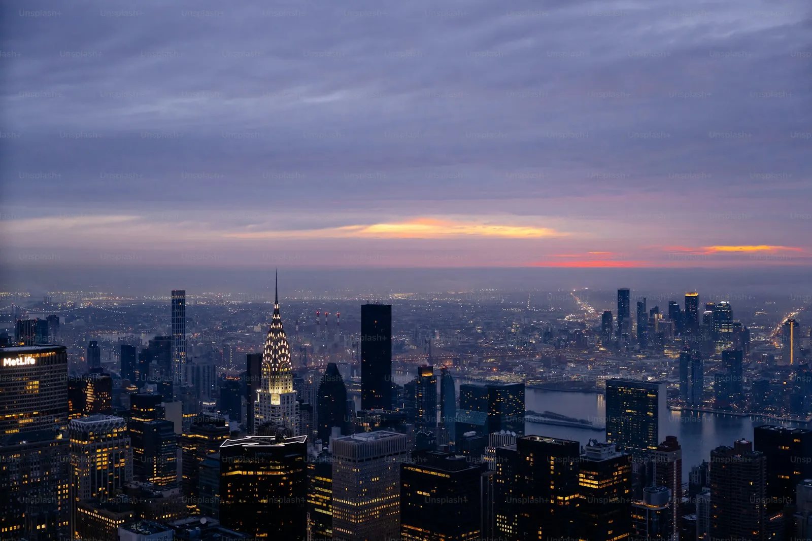 City buildings viewed from above at night